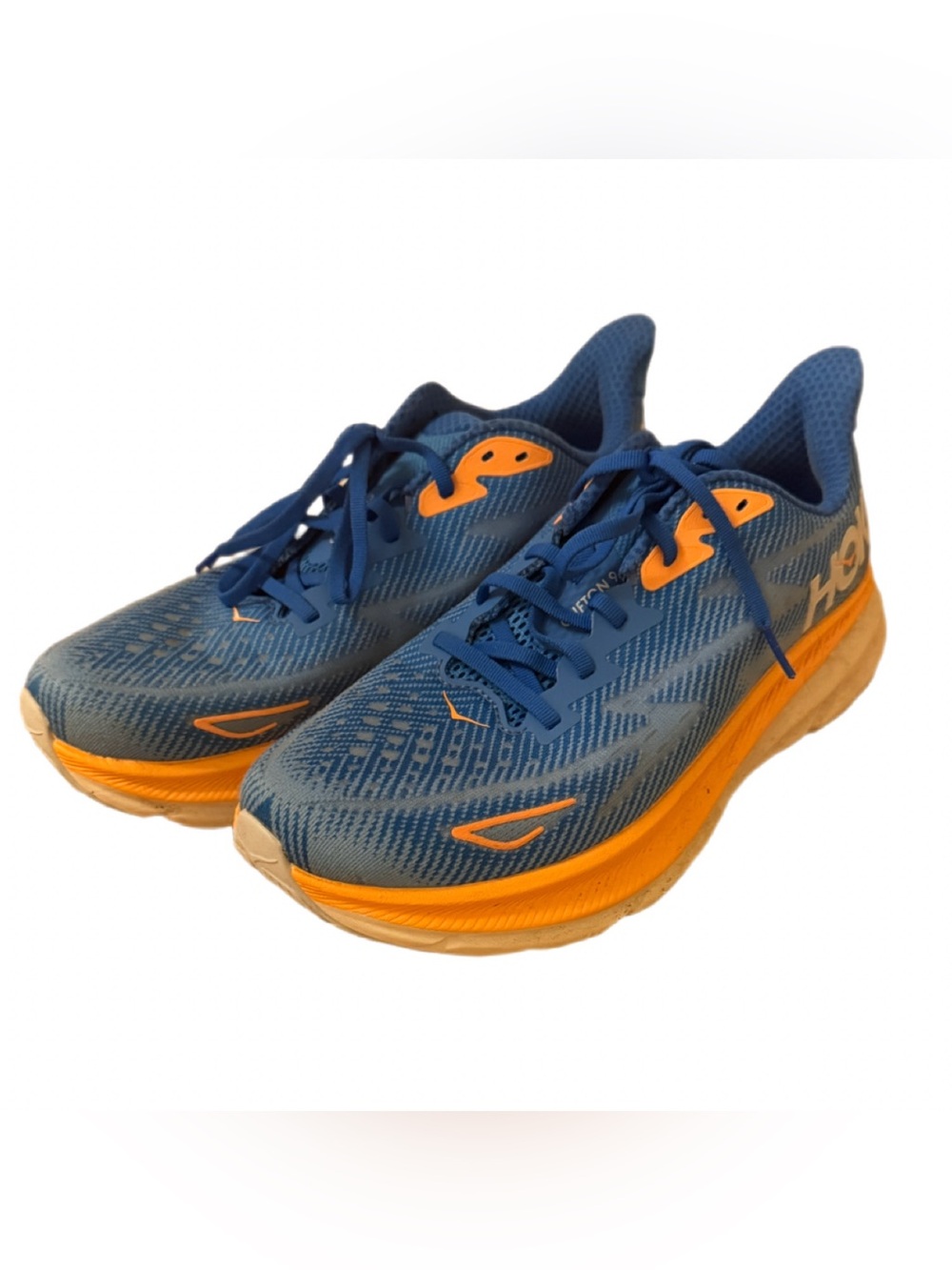 HOKA Clifton 9 Running Shoes Men’s 10 Blue Orange Athletic Sneakers Road Runner